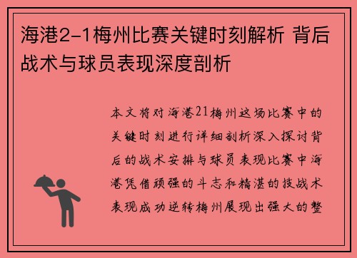 海港2-1梅州比赛关键时刻解析 背后战术与球员表现深度剖析