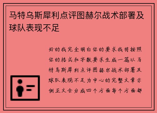 马特乌斯犀利点评图赫尔战术部署及球队表现不足