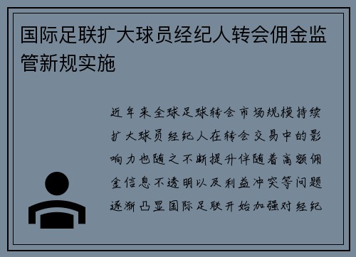 国际足联扩大球员经纪人转会佣金监管新规实施 国际足联扩大球员经纪人转会佣金监管新规实施